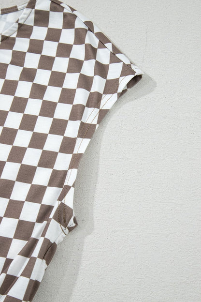 Checkered Print Crew Neck Wide Leg Jumpsuit