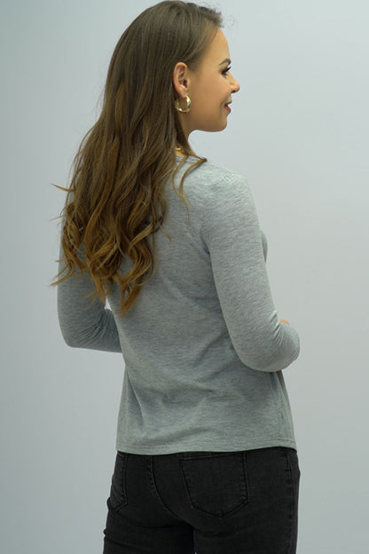 Shiny Buttoned Long Sleeve Round Neck Tee