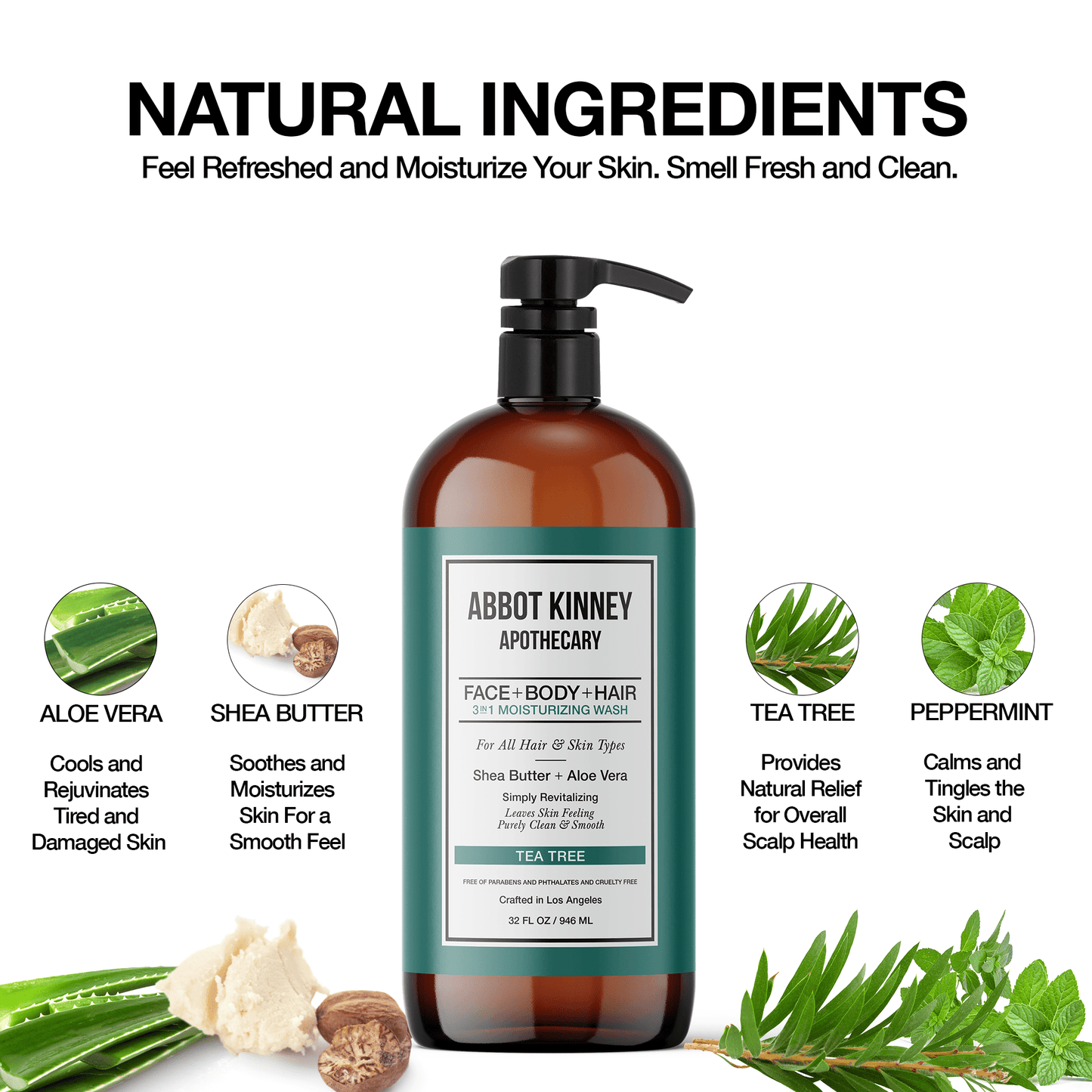 Abbot Kinney Apothecary Men's 3-in-1 Moisturizing Shampoo, Conditioner, and Body Wash, Tea Tree 32oz by  Los Angeles Brands