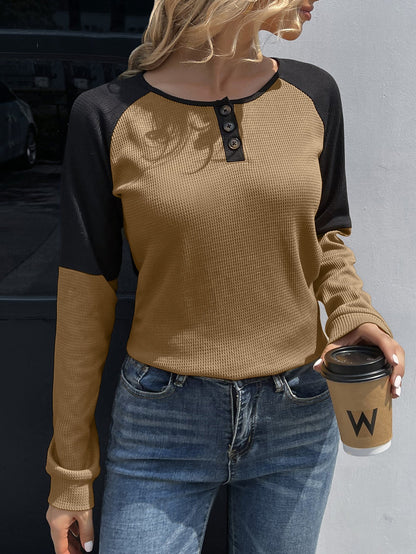 Ivy Lane Contrast Buttoned Round Neck Raglan Sleeve Top
