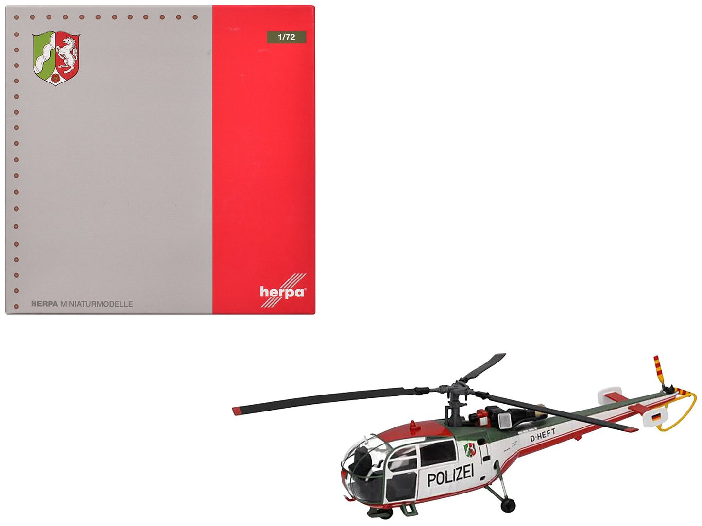 Aerospatiale Alouette III Helicopter "Polizeifliegerstaffel Nordrhein-Westfalen (Police Aviation Squadron North Rhine-Westphalia)" (D-HEFT) White with Red and Green Stripes 1/72 Diecast Model by Herpa  free shipping USA