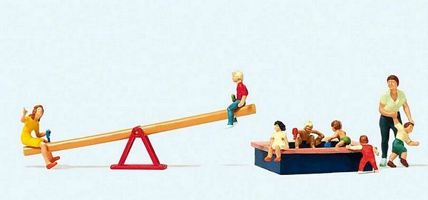 Preiser 10587 HO Scale Pedestrians Children at Play pkg(8) w/Seesaw