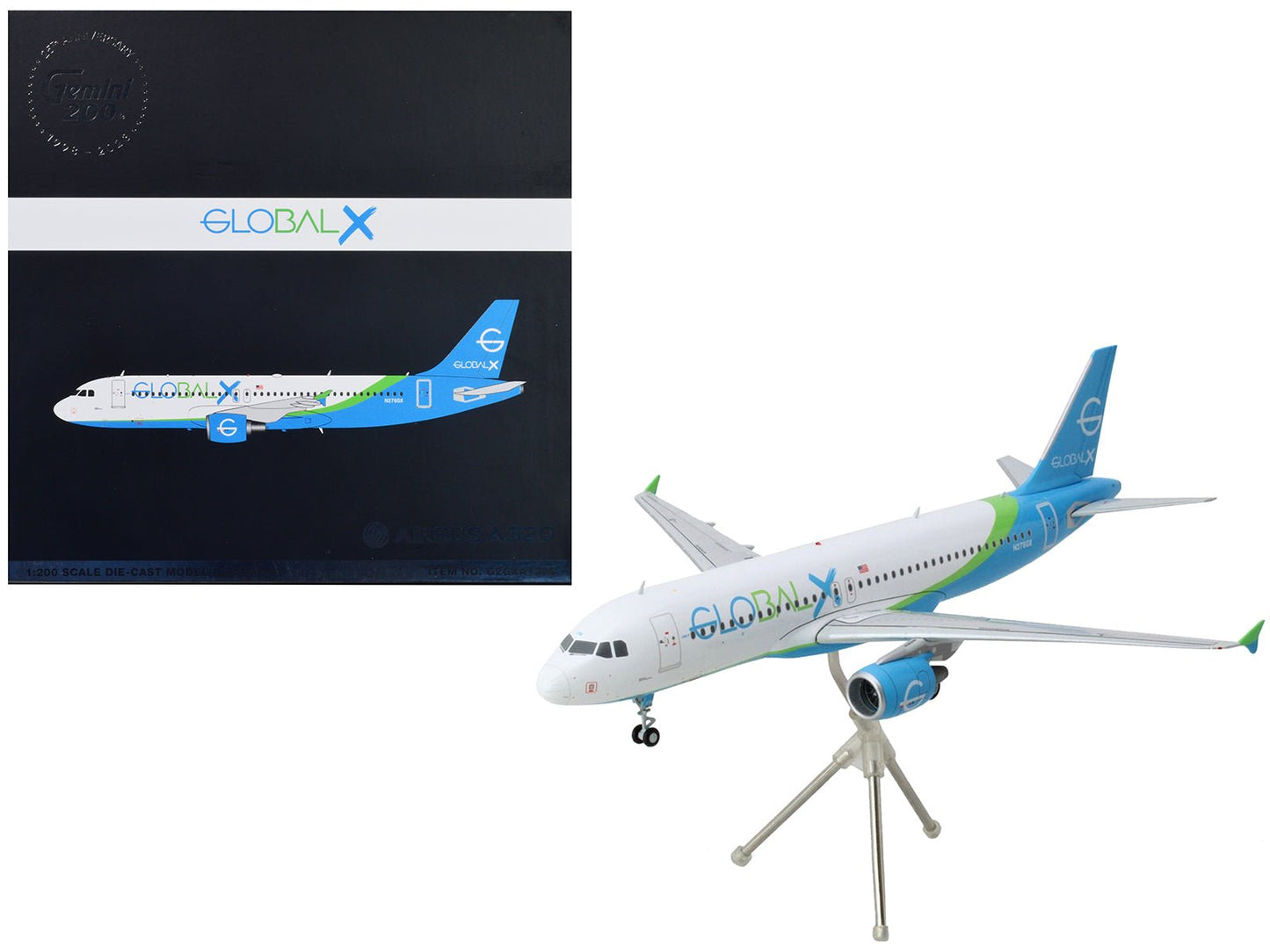 Airbus A320 Commercial Aircraft "GlobalX Airlines" White with Blue and Green Tail "Gemini 200" Series 1/200 Diecast Model Airplane by GeminiJets  free shipping USA