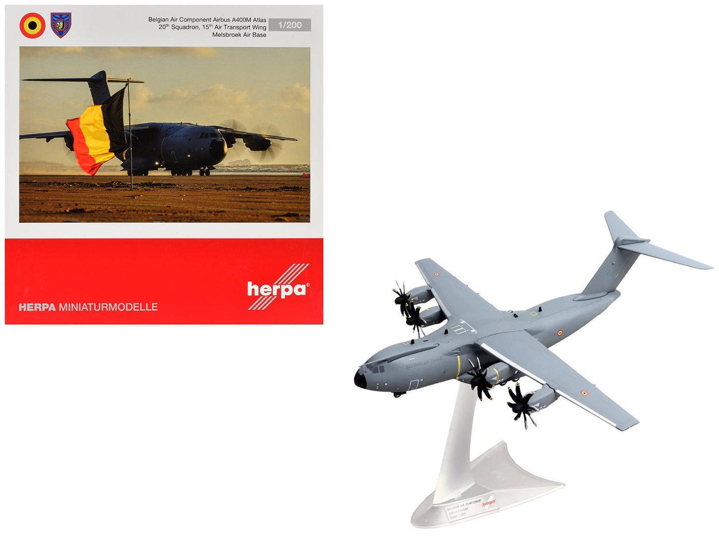 Airbus A400M Atlas Transport Aircraft "20th Squadron 15th Wing Melsbroek Air Base" Belgian Air Component 1/200 Diecast Model Airplane by Herpa  free shipping USA