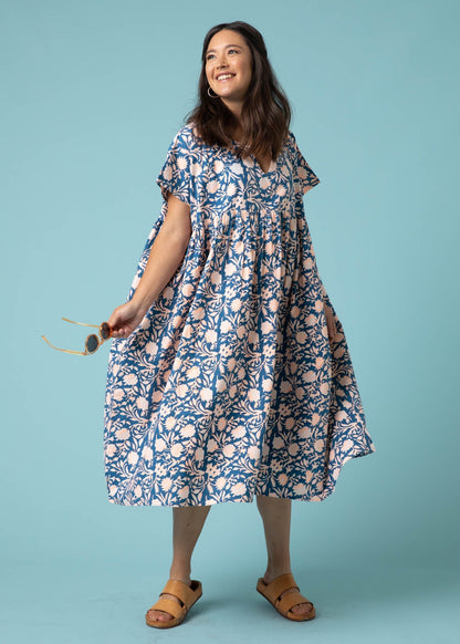 Meadow Dress - Floral Escape in True Navy & Neon Peach by And For Good