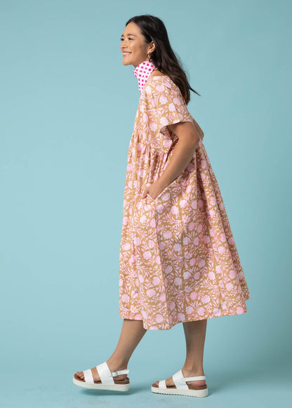 Meadow Dress - Floral Escape in Baked Clay & Neon Pink by And For Good