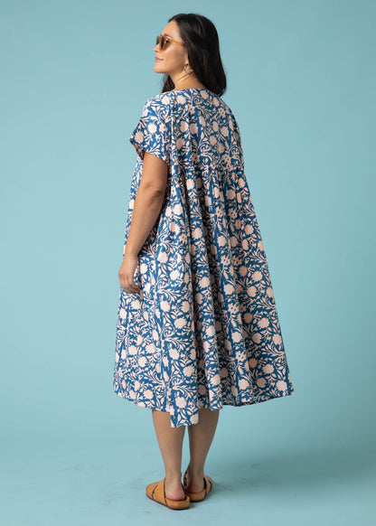 Meadow Dress - Floral Escape in True Navy & Neon Peach by And For Good