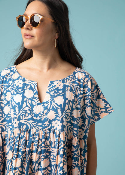 Meadow Dress - Floral Escape in True Navy & Neon Peach by And For Good