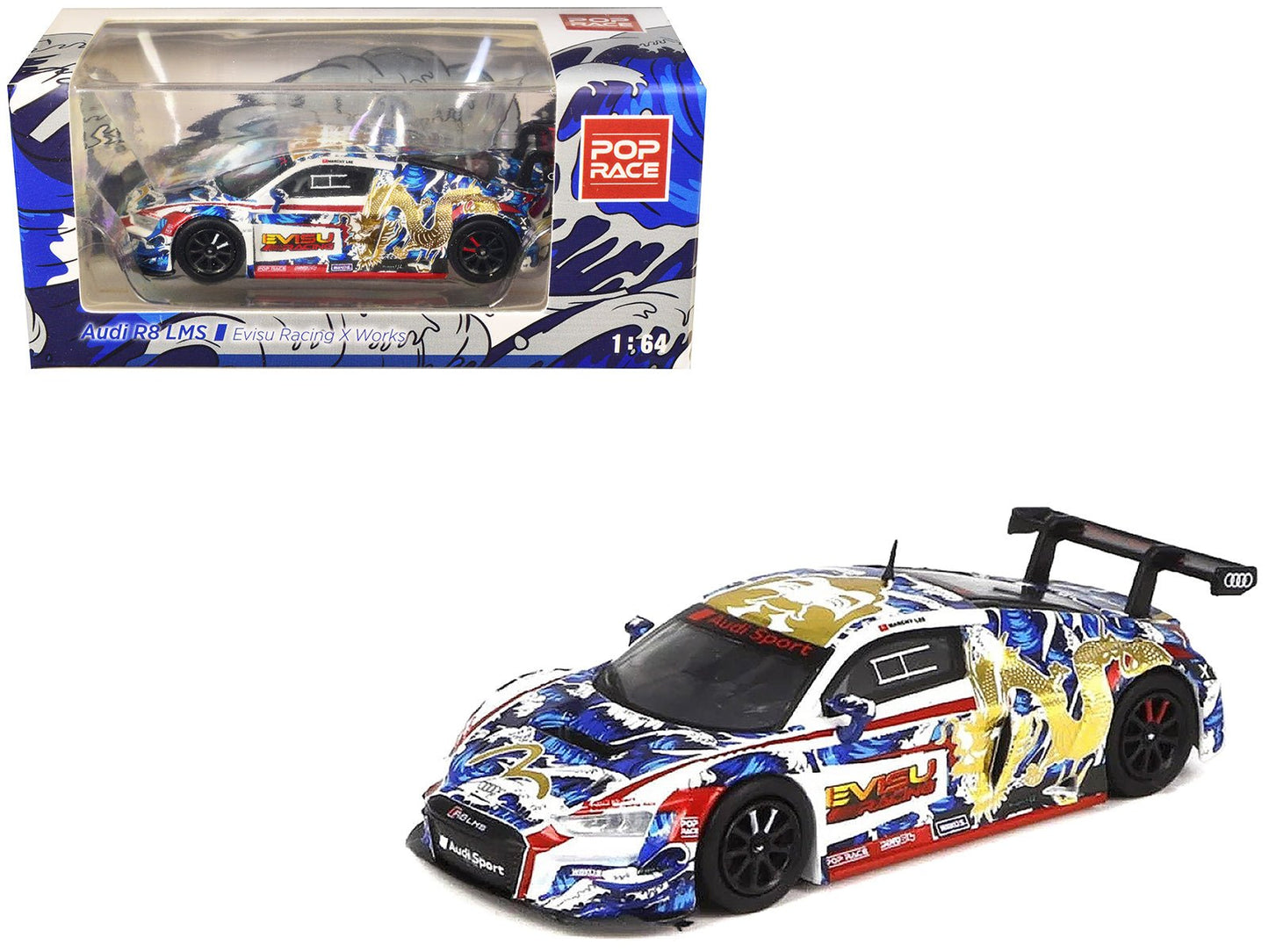 Audi R8 LMS "Evisu Racing X Works" White with Graphics 1/64 Diecast Model Car by Pop Race  free shipping USA