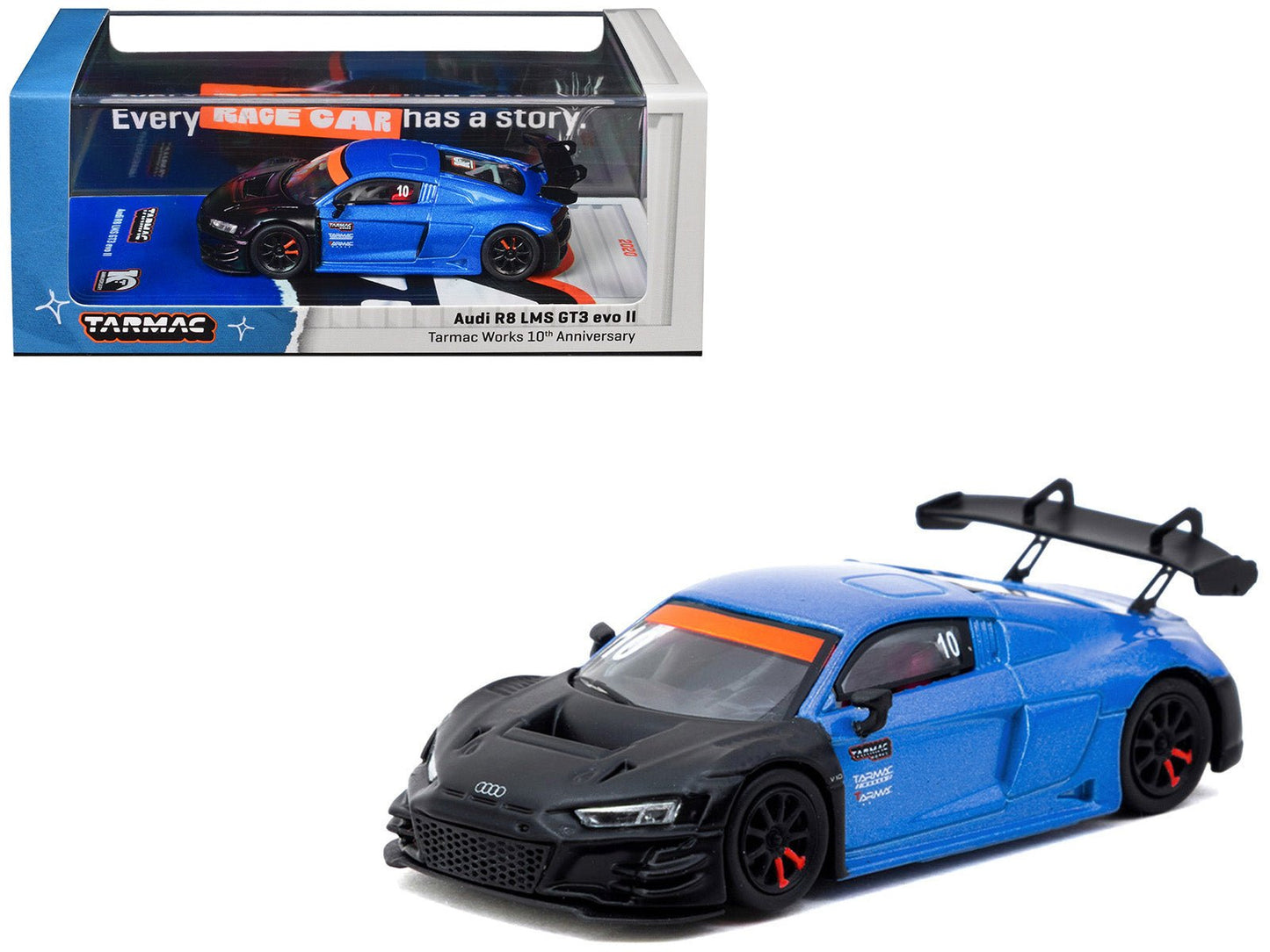 Audi R8 LMS GT3 evo II #10 "Tarmac Works 10th Anniversary" Blue Metallic and Matt Black "Hobby64" Series 1/64 Diecast Model Car by Tarmac Works  free shipping USA