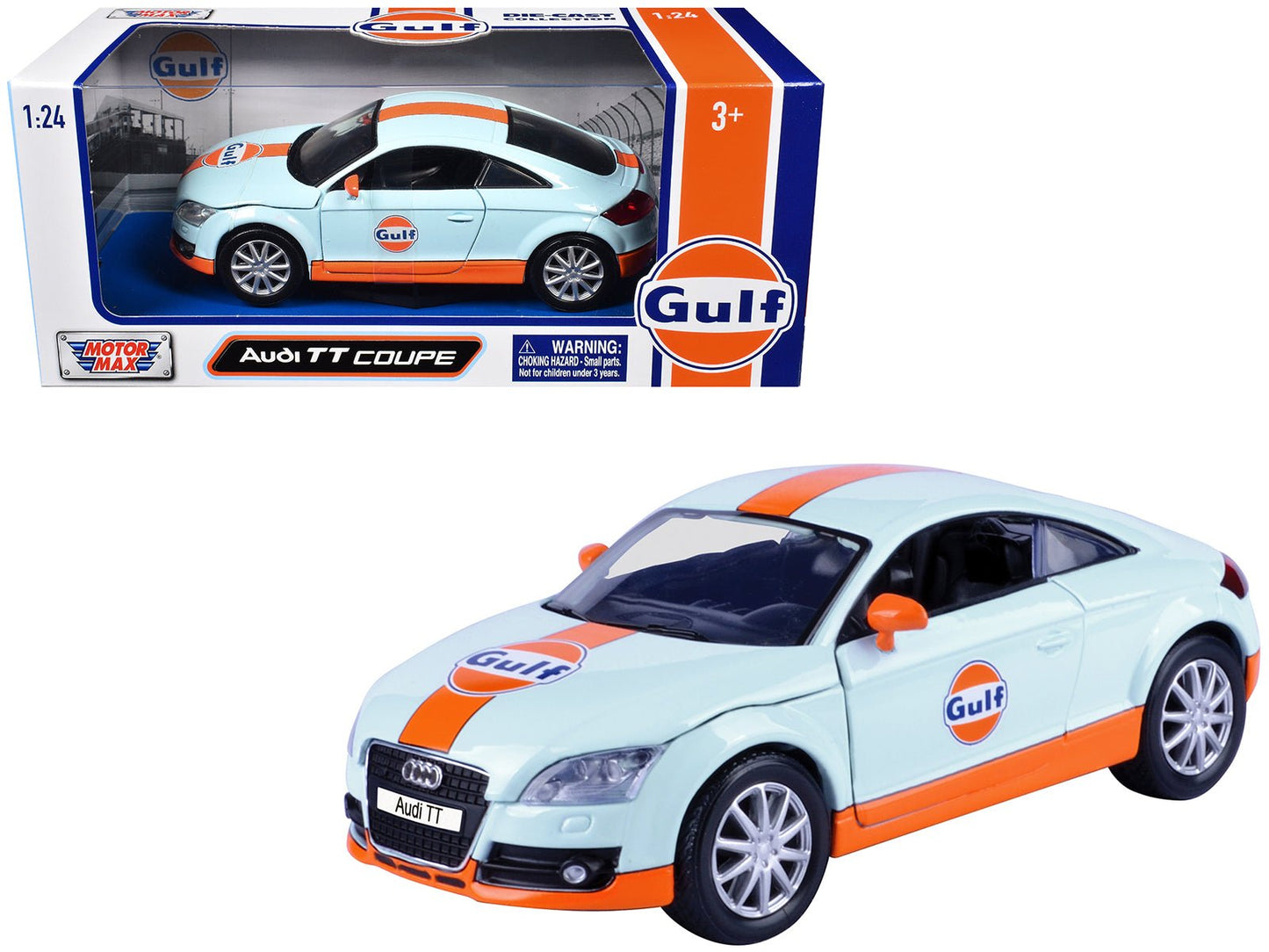 Audi TT Coupe "Gulf Oil" Light Blue with Orange Stripes "Gulf Die-Cast Collection" 1/24 Diecast Model Car by Motormax  free shipping USA
