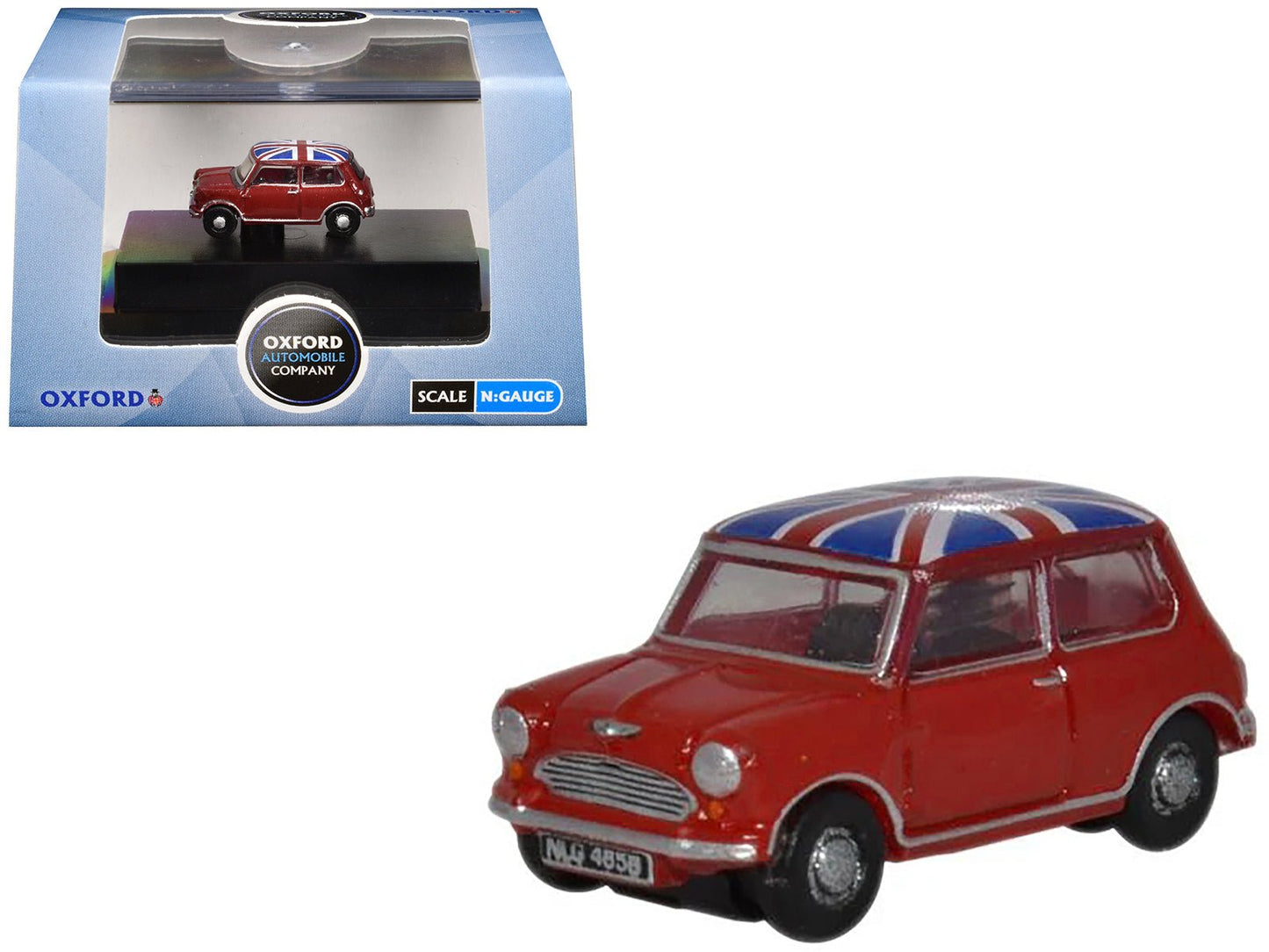 Austin Mini RHD (Right Hand Drive) Tartan Red with Union Jack Top 1/148 (N) Scale Diecast Model Car by Oxford Diecast  free shipping USA