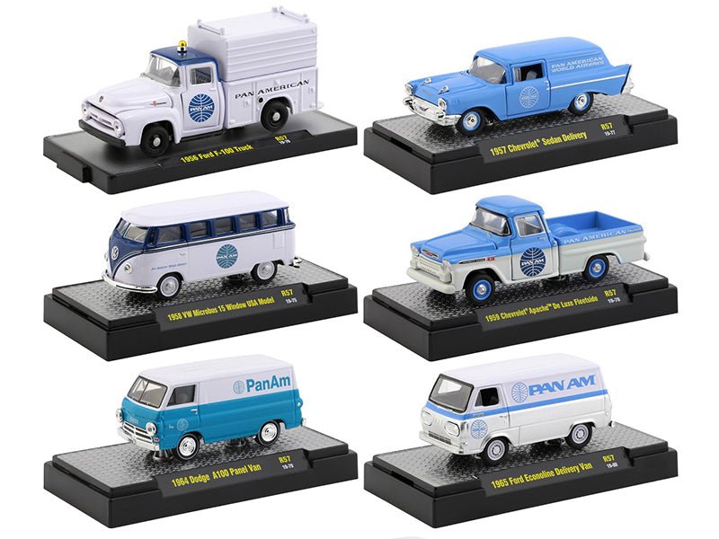 "Auto Trucks" Set of 6 pieces Release 57 "Pan American World Airways" (Pan Am) IN DISPLAY CASES 1/64 Diecast Model Cars by M2 Machines  free shipping USA