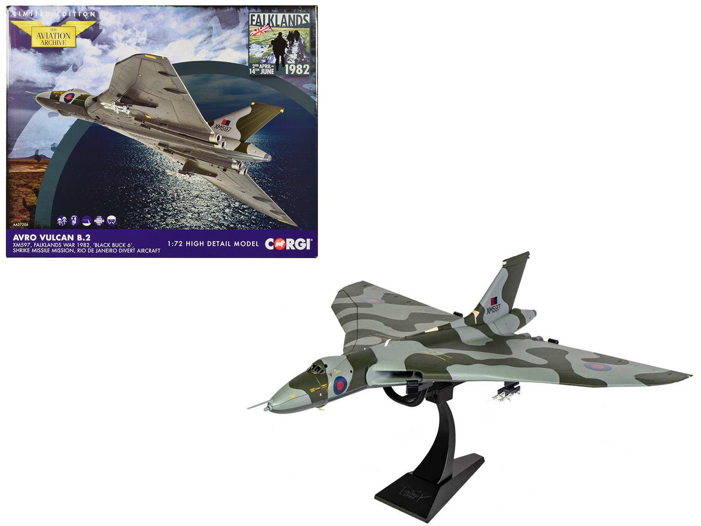 Avro Vulcan B2 Bomber Aircraft "XM597 'Black Buck 6 Shrike Missile Mission Rio de Janeiro Divert Aircraft Falklands War" (1982) British Royal Air Force "The Aviation Archive" Series 1/72 Diecast Model by Corgi  free shipping USA