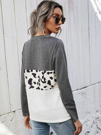 Shiny Leopard Color Block V-Neck Twisted Tee