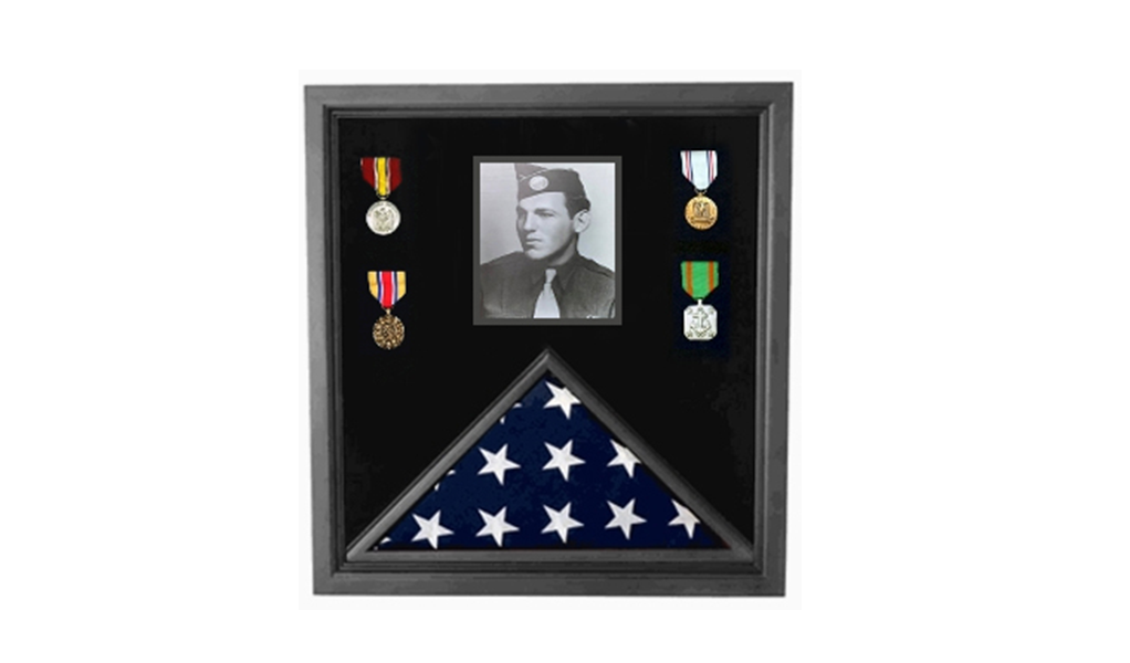 Military Photo Flag and Medal Display Case - folded 3x5 American flag