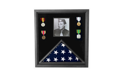 Military Photo Flag and Medal Display Case - folded 3x5 American flag