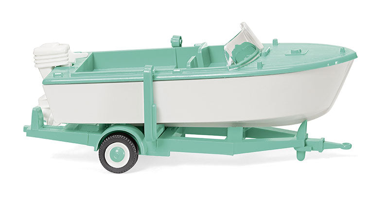 Wiking 009503 1/87 Trailer Mounted Motor Boat, White/Mint Green