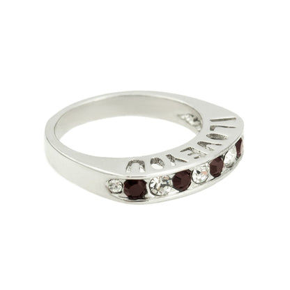 Vintage 1980s I Love You Ring Band Ring Garnet and Clear Austrian Crystals Imported by PVD Vintage Jewelry