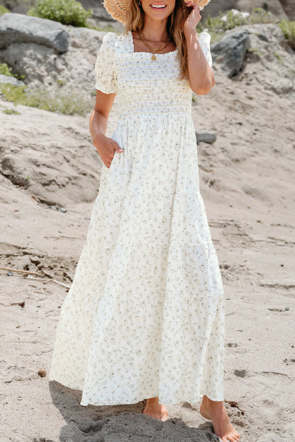 Frilly Shirred Bodice Tiered Floral Maxi Dress by Poppy Lee Lane