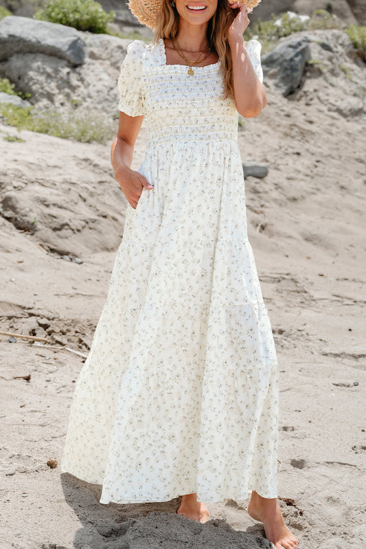 Frilly Shirred Bodice Tiered Floral Maxi Dress by Poppy Lee Lane