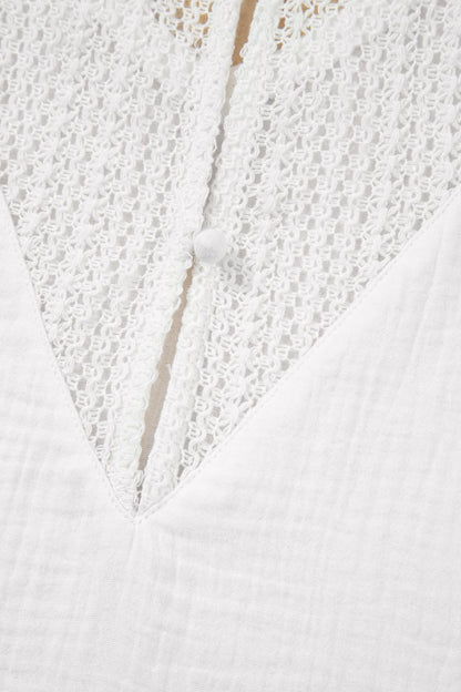 Lace Crochet Textured Button Back V Neck T Shirt