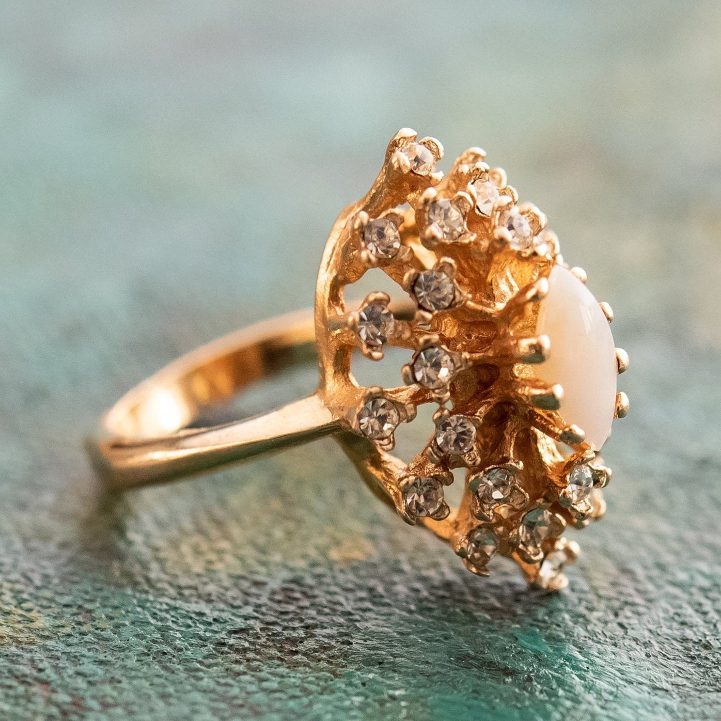 Vintage Ring Genuine Opal with Clear and Ruby Austrian Crystals 18kt Yellow Gold Electroplated by PVD Vintage Jewelry
