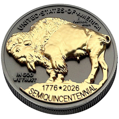 3D American Buffalo Indian Head Tribute Coin With USA 250 Privy Mark (Black Ruthenium & 24k Gold)