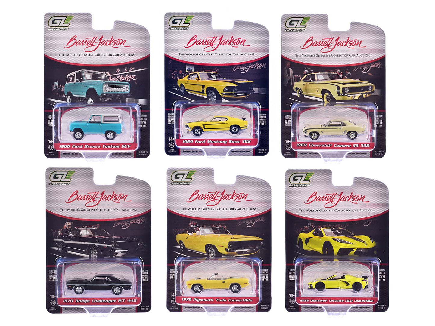 "Barrett-Jackson" Series 15 Set of 6 Cars 1/64 Diecast Model Cars by Greenlight  free shipping USA