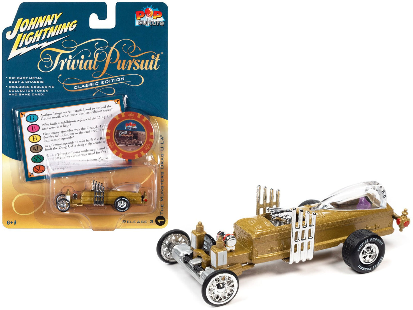 Barris Drag-U-La "The Munsters" "Trivia Pursuit" with Poker Chip Collector's Token and Game Card "Pop Culture" 2022 Release 3 1/64 Diecast Model Car by Johnny Lightning  free shipping USA
