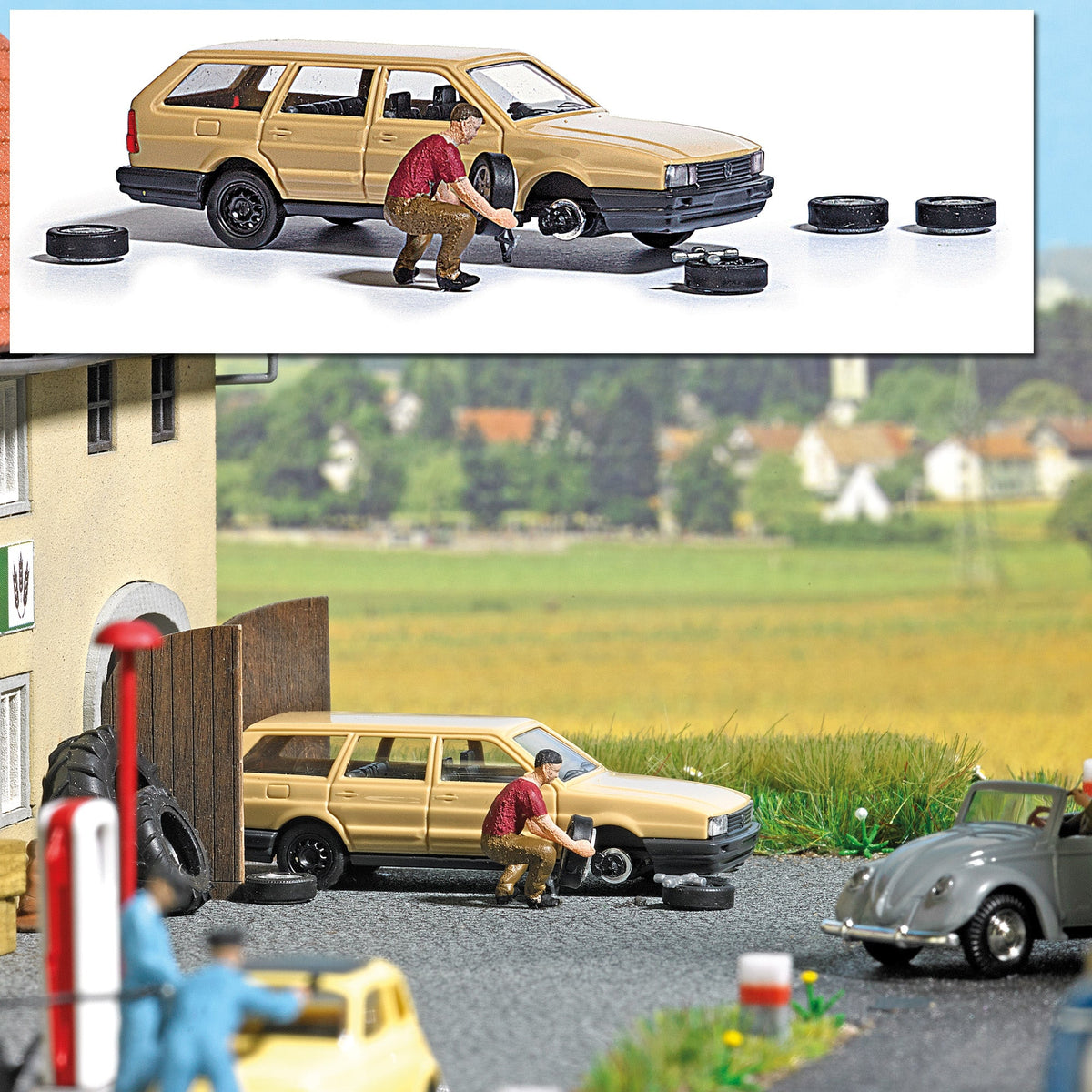 Busch 7822 HO Scale Tire Change Miniature Scene, VW Passat