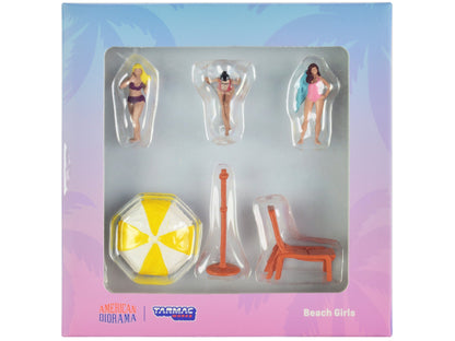"Beach Girls" 5 piece Diecast Figure Set (3 Female Figures and 2 Beach Accessories) for 1/64 Scale Models by Tarmac Works & American Diorama  free shipping USA