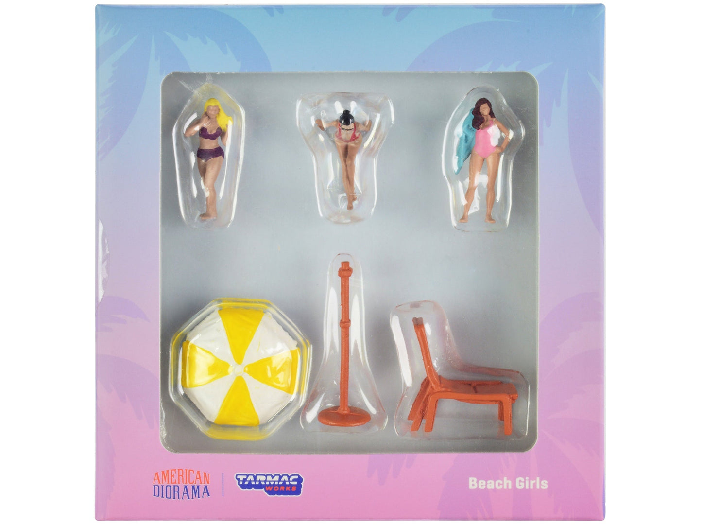 "Beach Girls" 5 piece Diecast Figure Set (3 Female Figures and 2 Beach Accessories) for 1/64 Scale Models by Tarmac Works & American Diorama  free shipping USA