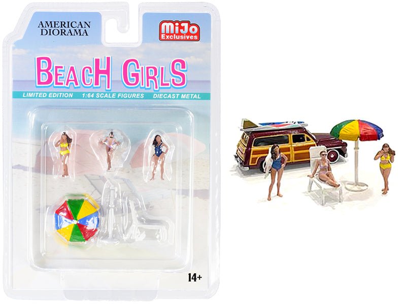 "Beach Girls" 5 piece Diecast Set (3 Figurines 1 Beach Chaise and 1 Beach Umbrella) for 1/64 Scale Models by American Diorama  free shipping USA
