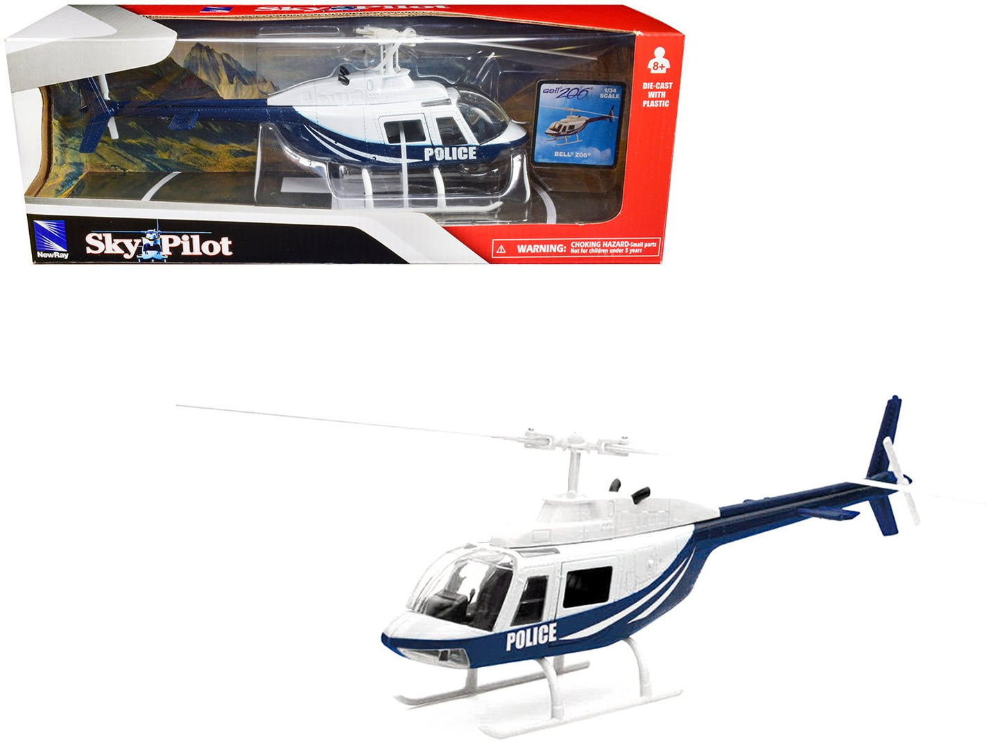 Bell 206 Helicopter Dark Blue and White "Police" "Sky Pilot" Series 1/34 Diecast Model by New Ray  free shipping USA