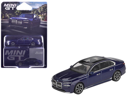 BMW i7 xDrive60 Tanzanite Blue Metallic with Sun Roof Limited Edition 1/64 Diecast Model Car by Mini GT  free shipping USA