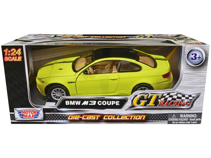 BMW M3 Coupe Neon Yellow with Matt Black Top and Stripes "GT Racing" Series 1/24 Diecast Model Car by Motormax  free shipping USA