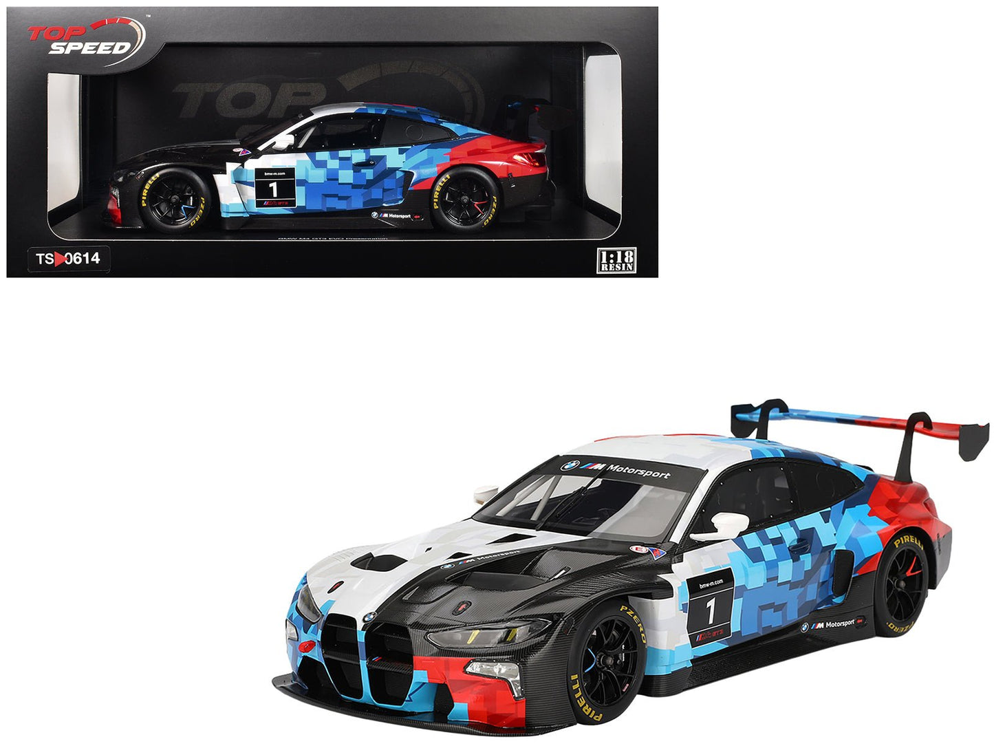BMW M4 GT3 EVO Presentation #1 White with Carbon Blue and Red Graphics 1/18 Model Car by Top Speed  free shipping USA