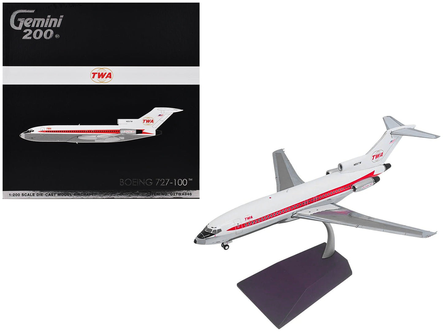 Boeing 727-100 Commercial Aircraft "Trans World Airlines (TWA)" (N851TW) White with Red Stripes "Gemini 200" Series 1/200 Diecast Model Airplane by GeminiJets  free shipping USA