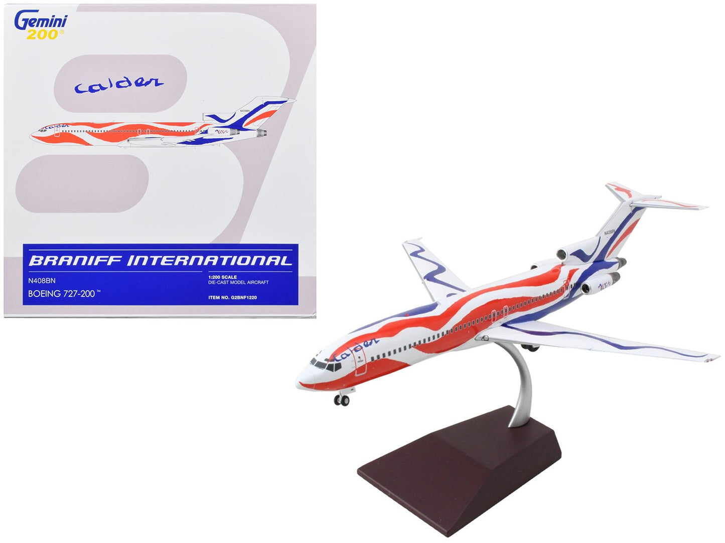 Boeing 727-200 Commercial Aircraft "Braniff International Airways - Calder Bicentennial Livery" White with Red and Blue Stripes "Gemini 200" Series 1/200 Diecast Model Airplane by GeminiJets  free shipping USA