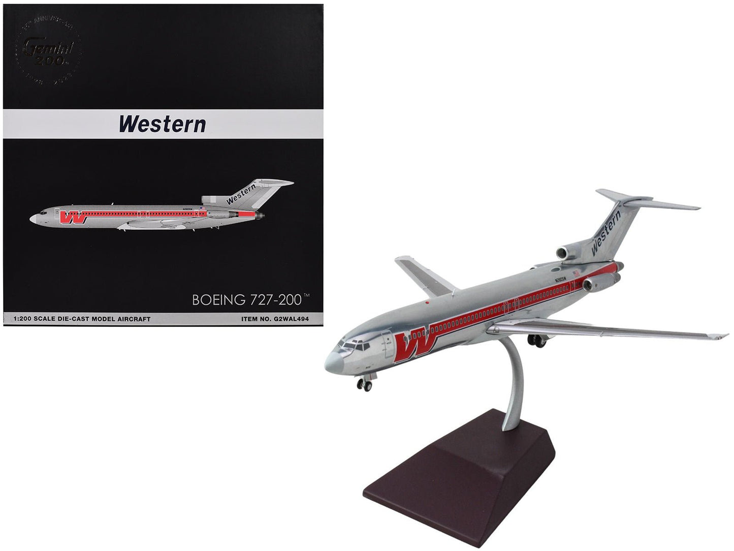 Boeing 727-200 Commercial Aircraft "Western Airlines" (N2805W) Silver with Red Stripes "Gemini 200" Series 1/200 Diecast Model Airplane by GeminiJets  free shipping USA