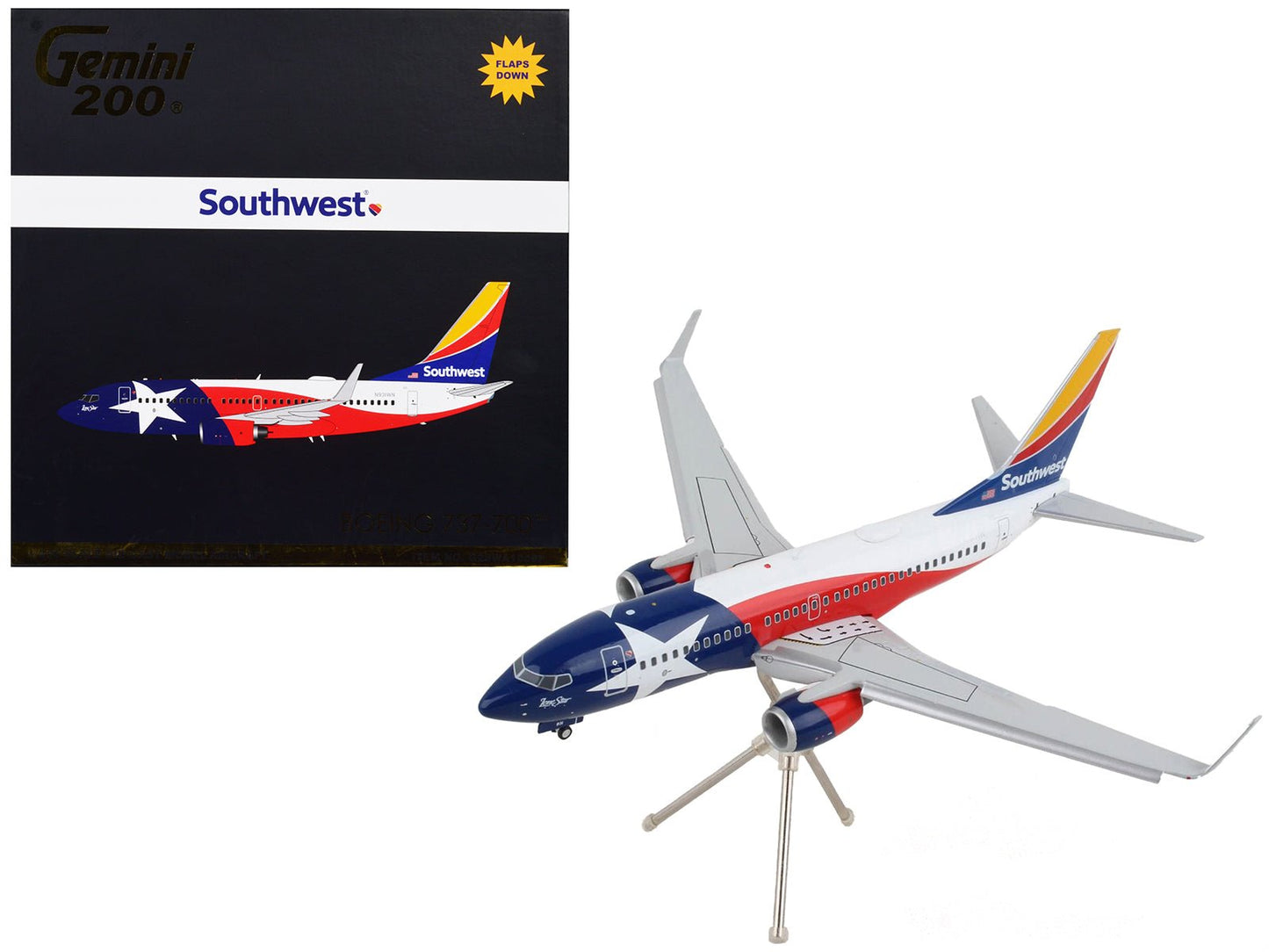 Boeing 737-700 Commercial Aircraft with Flaps Down "Southwest Airlines - Lone Star One" Texas Flag Livery "Gemini 200" Series 1/200 Diecast Model Airplane by GeminiJets  free shipping USA
