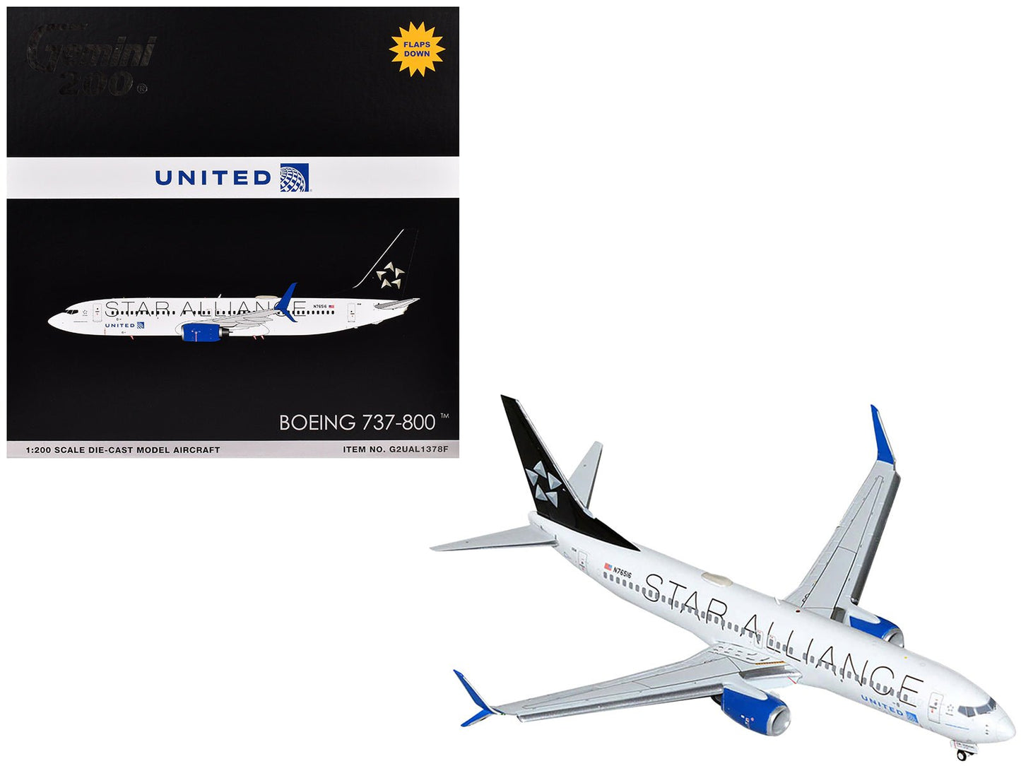 Boeing 737-800 Commercial Aircraft with Flaps Down "United Airlines Star Alliance" (N76516) White with Black Tail "Gemini 200" Series 1/200 Diecast Model Airplane by GeminiJets  free shipping USA