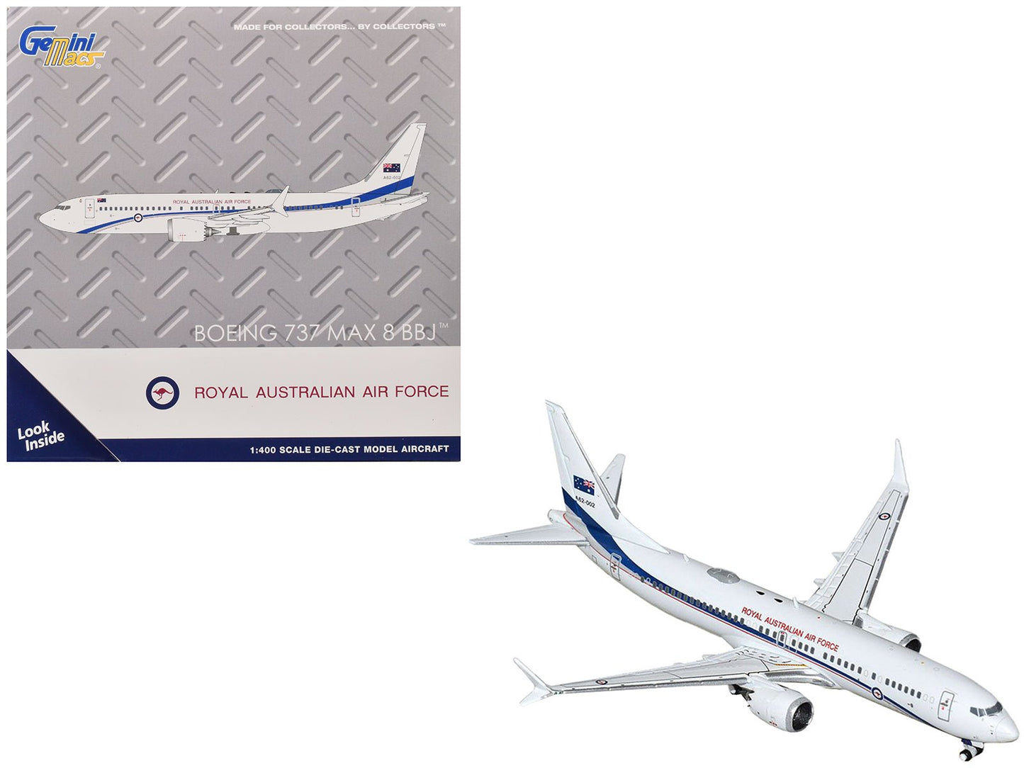 Boeing 737 MAX 8 BBJ Transport Aircraft "Royal Australian Air Force (RAAF)" (A62-002) White with Blue Stripes "Gemini Macs" Series 1/400 Diecast Model Airplane by GeminiJets  free shipping USA