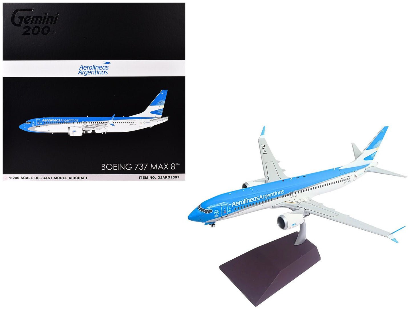 Boeing 737 MAX 8 Commercial Aircraft "Aerolineas Argentinas" (LV-KEJ) White and Blue "Gemini 200" Series 1/200 Diecast Model Airplane by GeminiJets  free shipping USA