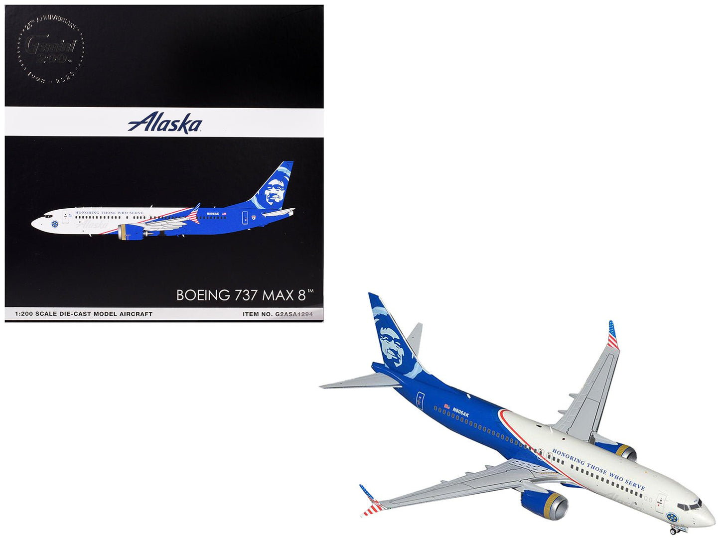 Boeing 737 MAX 8 Commercial Aircraft "Alaska Airlines - Honoring Those Who Serve" (N806AK) White and Blue "Gemini 200" Series 1/200 Diecast Model Airplane by GeminiJets  free shipping USA