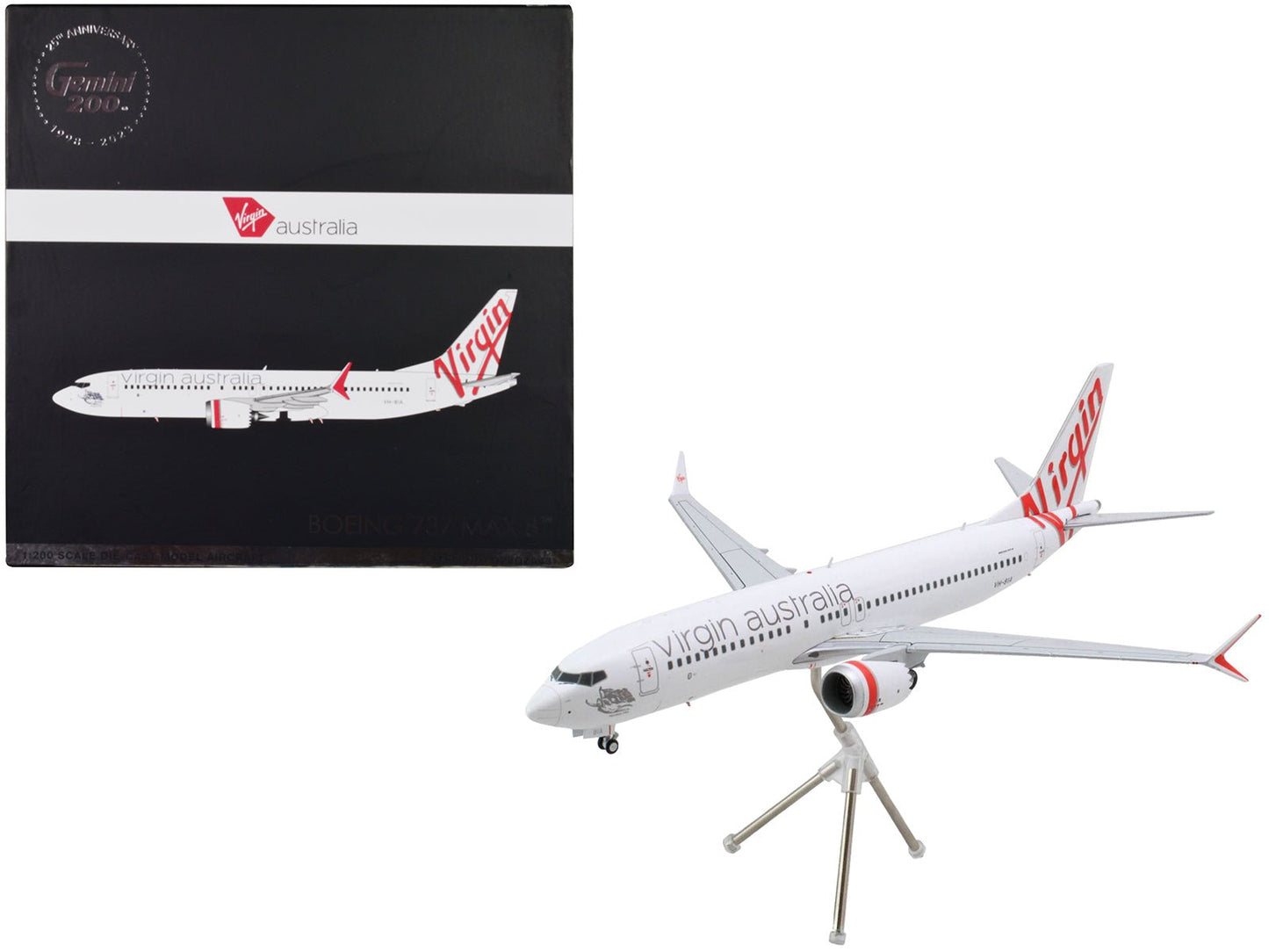 Boeing 737 MAX 8 Commercial Aircraft "Virgin Australia" (VH-8IA) White with Red Tail Graphics "Gemini 200" Series 1/200 Diecast Model Airplane by GeminiJets  free shipping USA