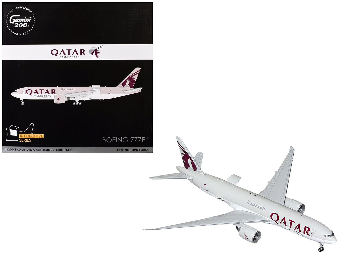 Boeing 777F Commercial Aircraft "Qatar Cargo" (A7-BFT) Gray with Tail Graphics "Gemini 200 - Interactive" Series 1/200 Diecast Model Airplane by GeminiJets  free shipping USA