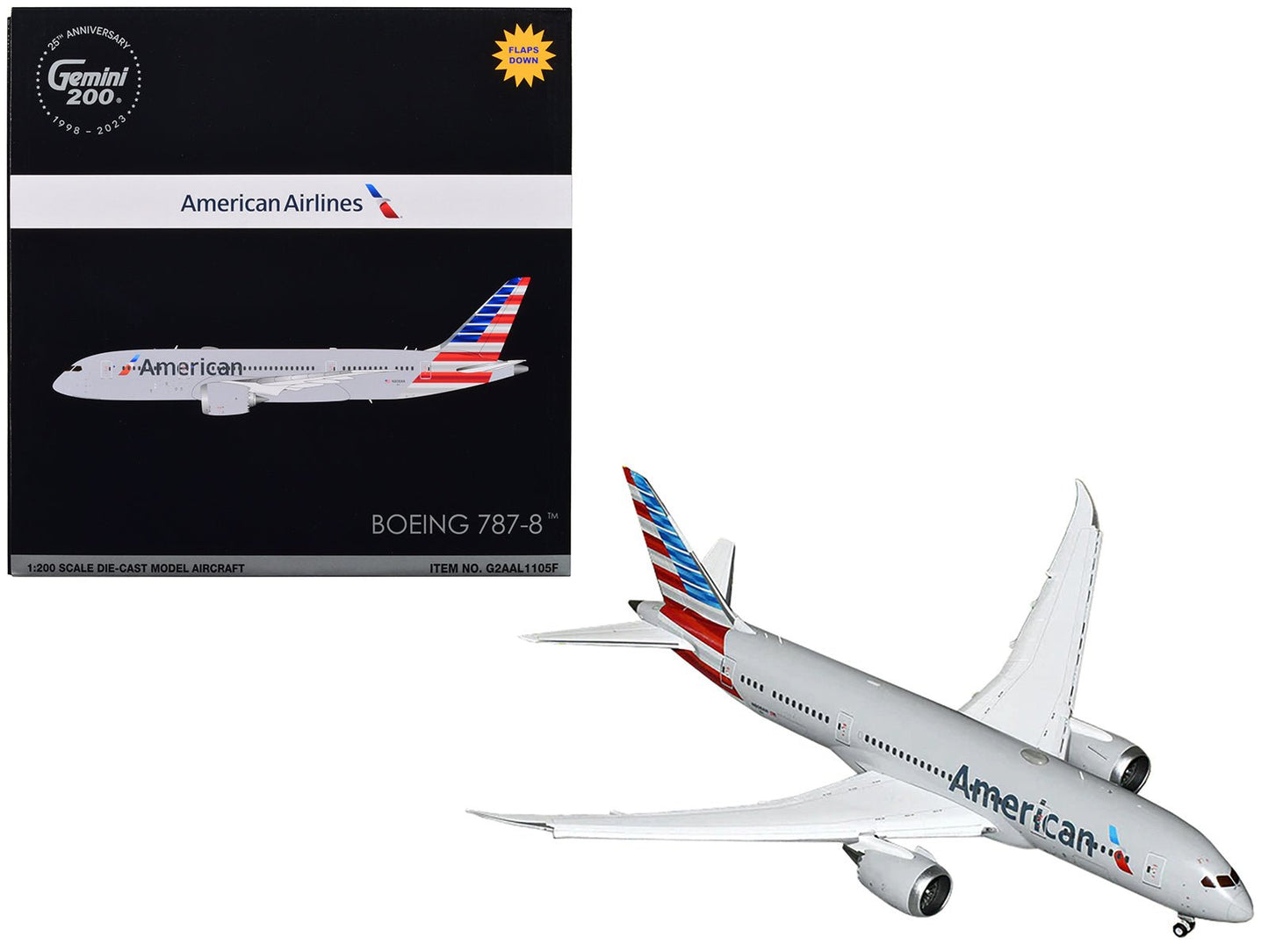 Boeing 787-8 Commercial Aircraft with Flaps Down "American Airlines" Gray with Tail Stripes "Gemini 200" Series 1/200 Diecast Model Airplane by GeminiJets  free shipping USA