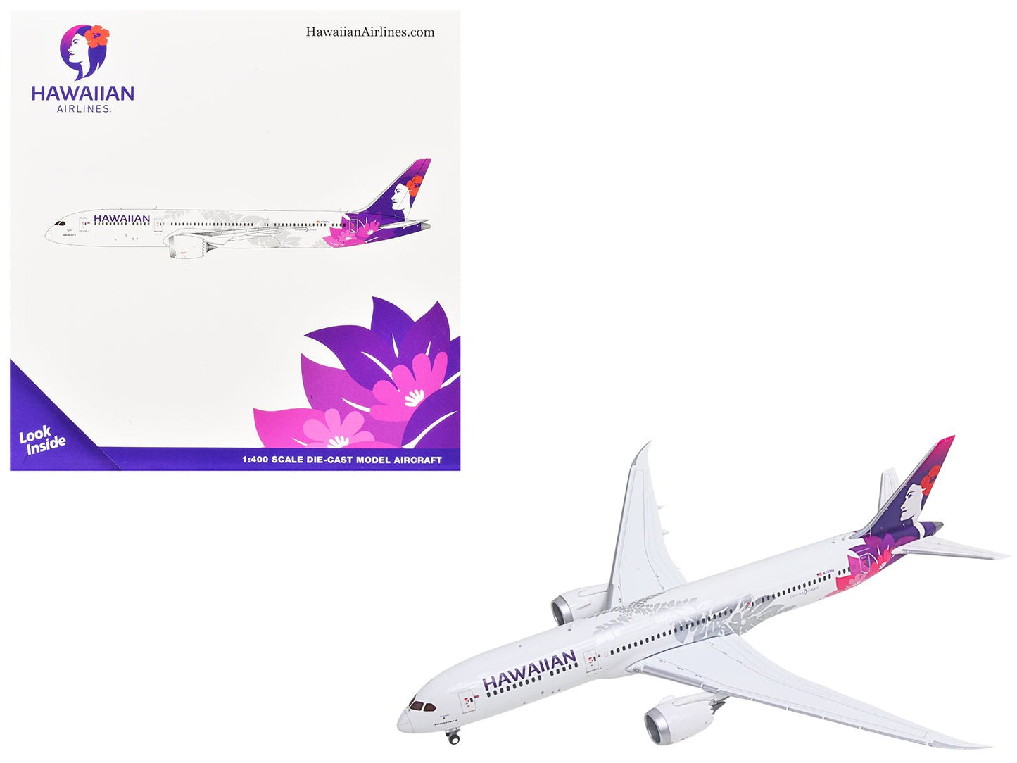 Boeing 787-9 Commercial Aircraft "Hawaiian Airlines" (N781HA) White with Purple Tail Graphics 1/400 Diecast Model Airplane by GeminiJets  free shipping USA
